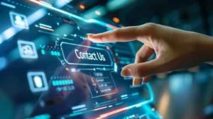 Futuristic customer service: User engaging with a 3D 'Contact Us' screen for eco-friendly inquiries.