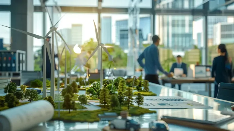 Renewable energy jobs: Model of a sustainable city featuring wind turbines.