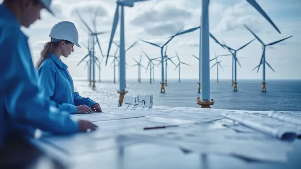 Engineers examining blueprints at an offshore wind farm.