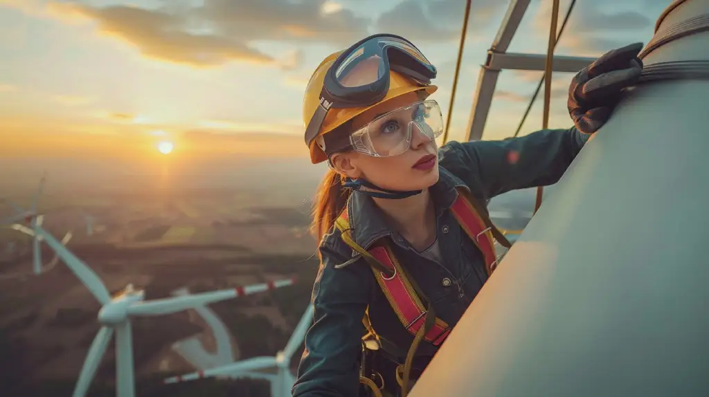 Technician climbing a wind turbine at sunset.