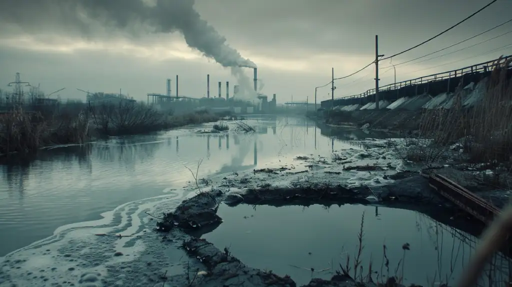 Industrial pollution with towering smokestacks and contaminated water.