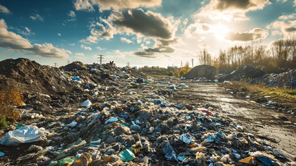 A polluted landscape filled with discarded waste, showing the environmental impact.