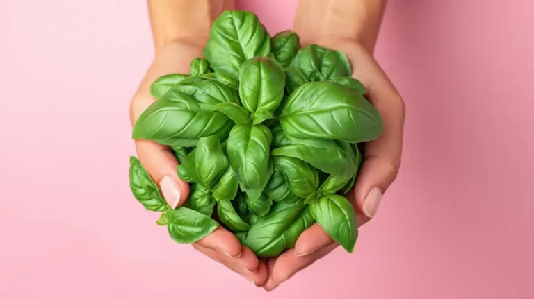 Hands holding a bunch of fresh basil leaves.