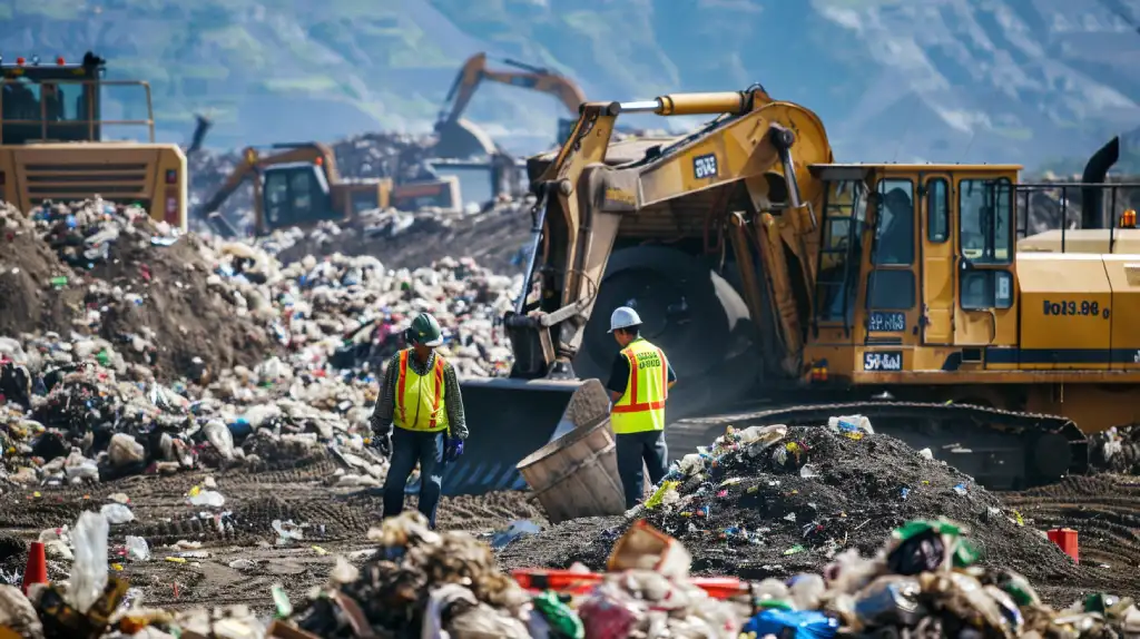 Landfill workers amidst piles of waste, showing the challenges of waste management.