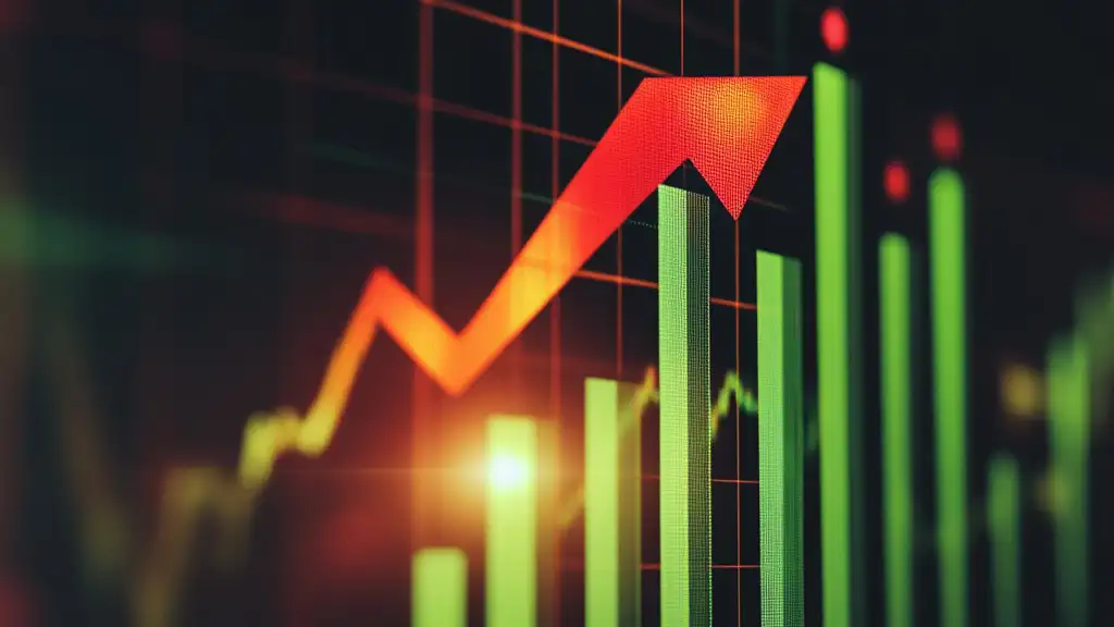 Upward-trending green bars and a red arrow, symbolizing financial growth and the stock market.