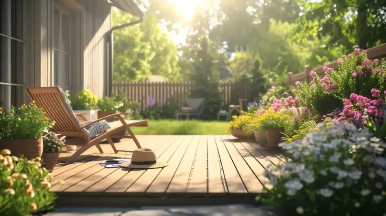 Peaceful backyard with lounge chair and flowers.